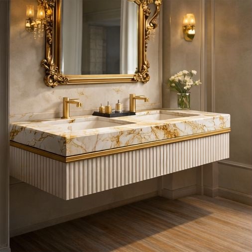 Elegant bathroom with floor-to-ceiling Calacatta Gold marble.
