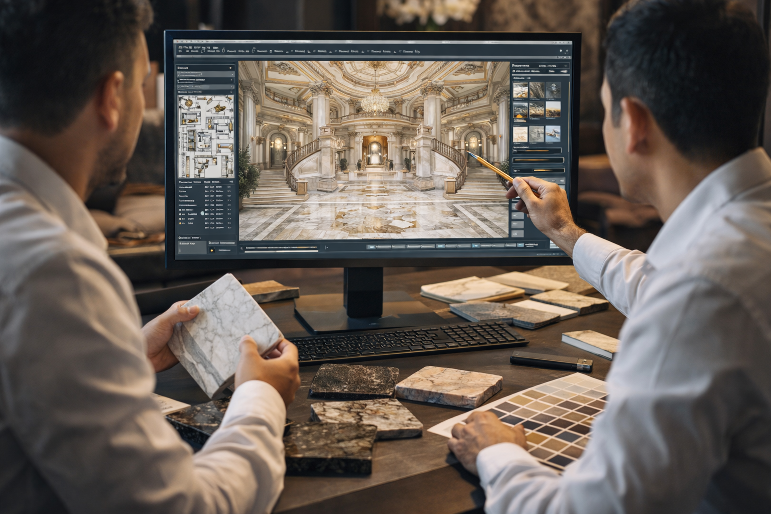 An architect and client reviewing blueprints and material samples.
